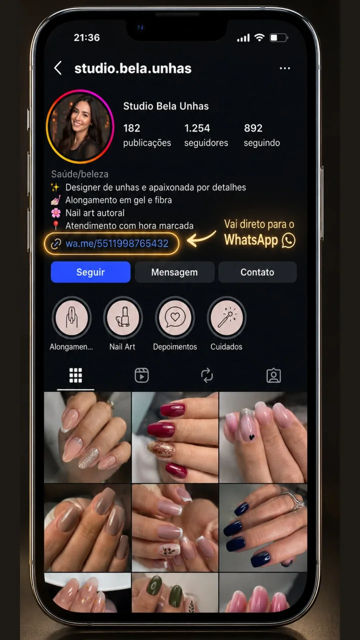 Bio do Instagram com link cru do WhatsApp